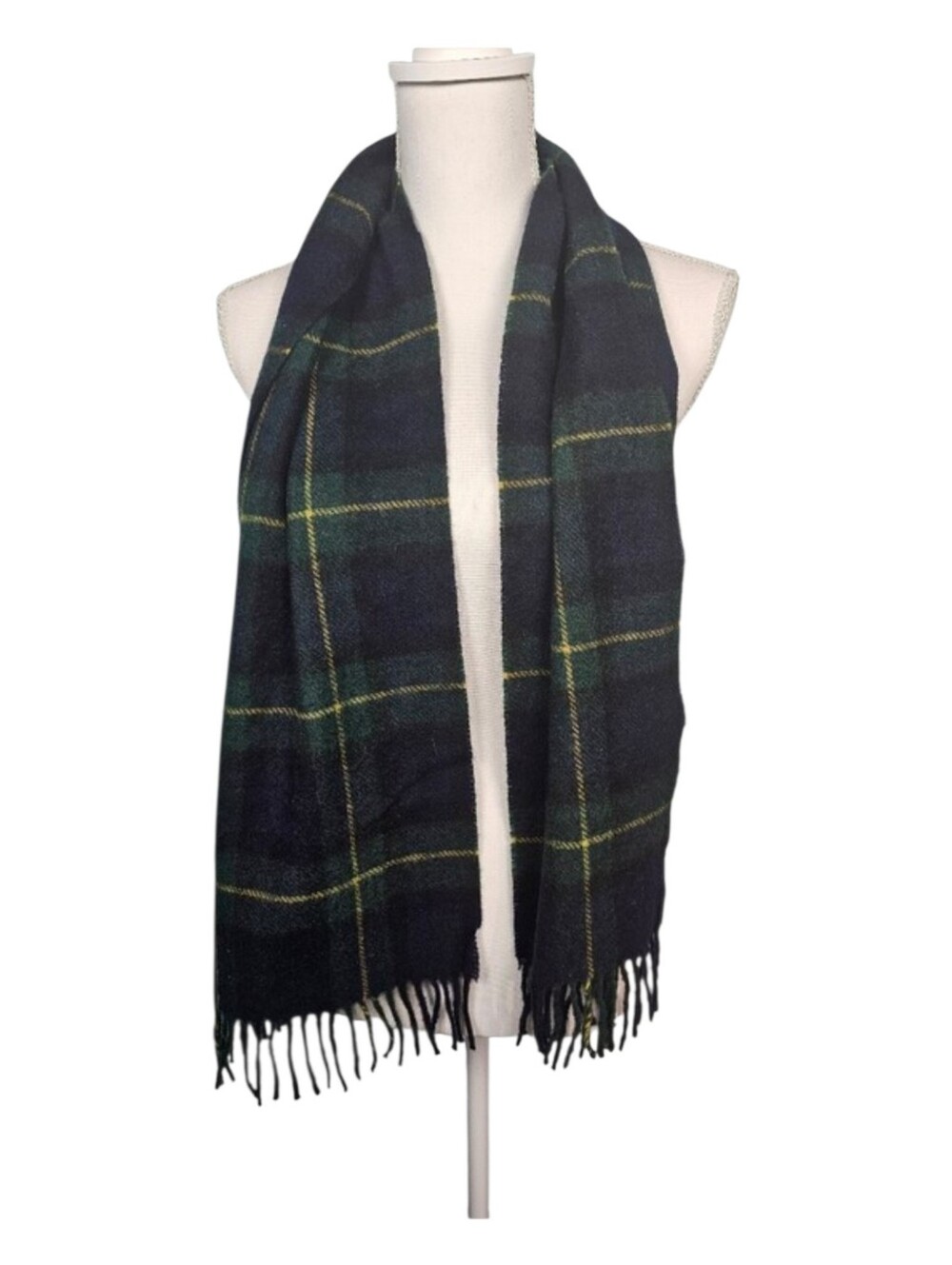 100% Lambswool Made In West Germany Classic Tartan Plaid Wool Scarf Navy Green‎